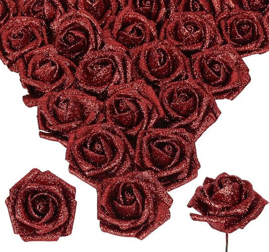 Red Glitter Roses 30pcs Fake Red Roses Real Looking 2.56" Glitter Flowers Faux Roses with Stems Foam Roses for Bridal Shower Decorations Wedding Bouquet Decor