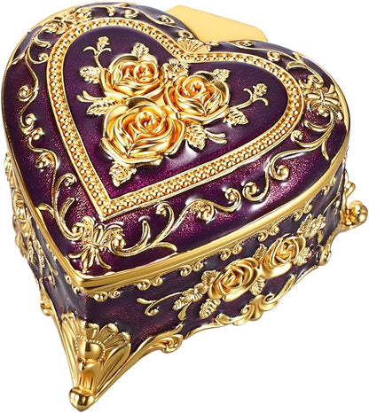 Hipiwe Decorative Jewelry Box Purple Vintage Jewelry Storage Case with Rose Pattern Heart Shaped Treasure Chest Box for Earrings Ring Necklace Keepsake Organizer