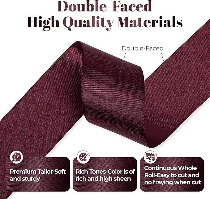 Burgundy Satin Ribbon, Double Faced 1-1/2 Inch X 25 Yards, Premium Satin Ribbon for Gift Wrapping, Crafts, Hair Bow Making, Sewing, Flower Bouquet, Wedding Party Decor