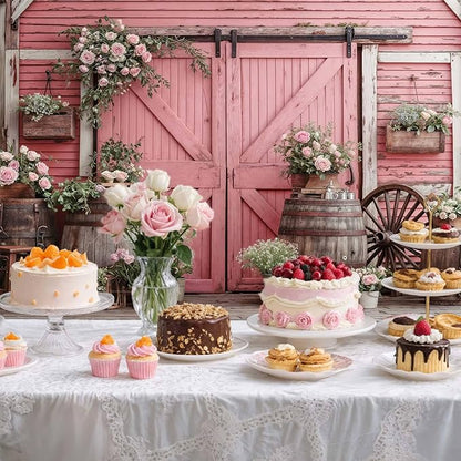 10x8ft Country Wedding Pink Photography Backdrop Rustic Wooden Door Photography Backdrop Farmhouse Flower Western Girl Birthday Baby Shower Wedding Bridal Party Banner Photo Booth Props Background