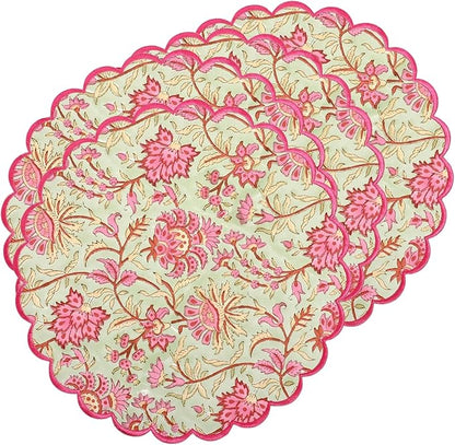 Ridhi Pistachio Green Hand Block Print Cotton15 Inch Round Set of 4 Reusable Washable PlaceMats Kitchen Dining Thanksgiving Halloween Christmas Weddings Everyday Use