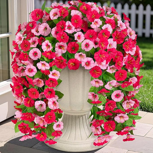 Artificial Fake Hanging Flowers Plants for Outdoor Decoration, 2PCS Faux Silk Morning Glory Long Vines Stems UV Resistant Look Real for Spring Summer Outside Home Porch Patio(Rose Red)