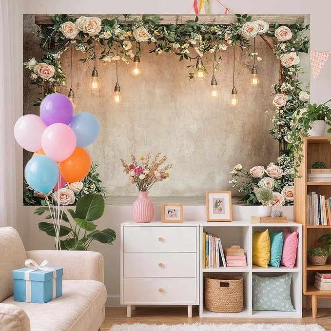 5x4ft Country Wedding Photography Backdrop Floral Rustic Roses Farmhouse Wooden Door Backdrop Pink Flower Birthday Baby Shower Wedding Bridal Party Banner Photo Booth Props Anniversary Background