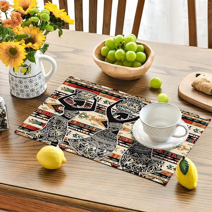 Southwestern Placemats Set of 4, African Woman Place Mats, Rustic Dancing Women with Pot on The Head Dining Table Mats, Washable Placemats for Kitchen Dining Room 18L'' × 12W''