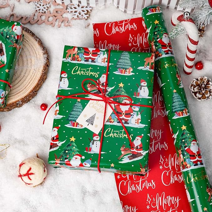 MAYPLUSS Christmas Wrapping Paper Roll - 17IN X 33FT - Green Santa Gift Wrapping Paper Featuring Christmas Tree Santa Claus Snowman Reindeer Reversible Red for Kids, Holiday, New Year