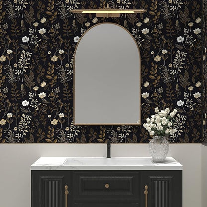 Vintage Dark Floral Wallpaper, Moody Black Leaf Botanical Removable Contact Paper for Bedroom Bathroom Drawer, Boho Floral Self Adhesive Wall Paper Brown Taupe Flower Wall Decor 17.5" x 118"
