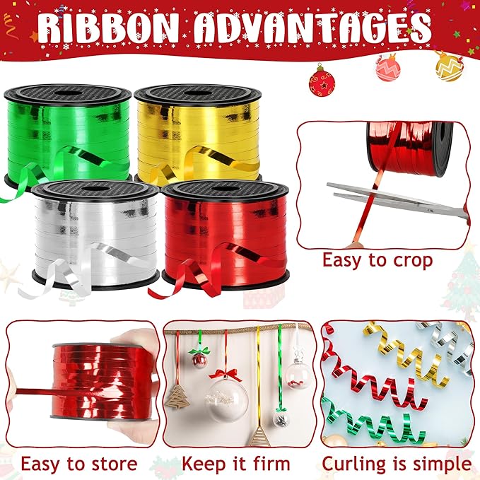 800 Yards Christmas Curling Ribbon, 4 Rolls Gift Wrapping Supplies, 1/5 Inches Wide Balloons String, Sparkling Plastic Xmas Metallic Ribbon, Christmas Decorations Holiday Wrapping Supplies for Craft