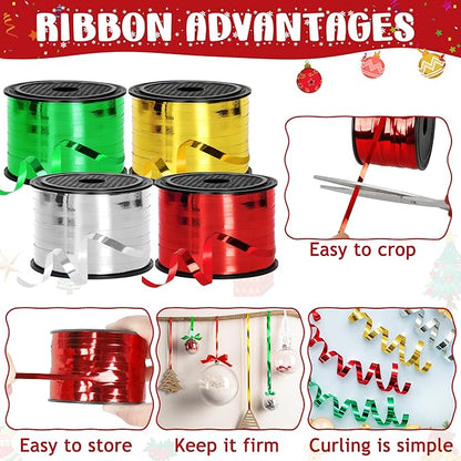 800 Yards Christmas Curling Ribbon, 4 Rolls Gift Wrapping Supplies, 1/5 Inches Wide Balloons String, Sparkling Plastic Xmas Metallic Ribbon, Christmas Decorations Holiday Wrapping Supplies for Craft