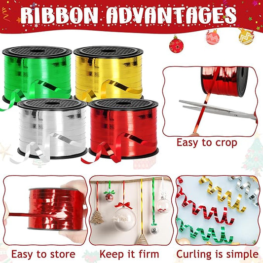 800 Yards Christmas Curling Ribbon, 4 Rolls Gift Wrapping Supplies, 1/5 Inches Wide Balloons String, Sparkling Plastic Xmas Metallic Ribbon, Christmas Decorations Holiday Wrapping Supplies for Craft