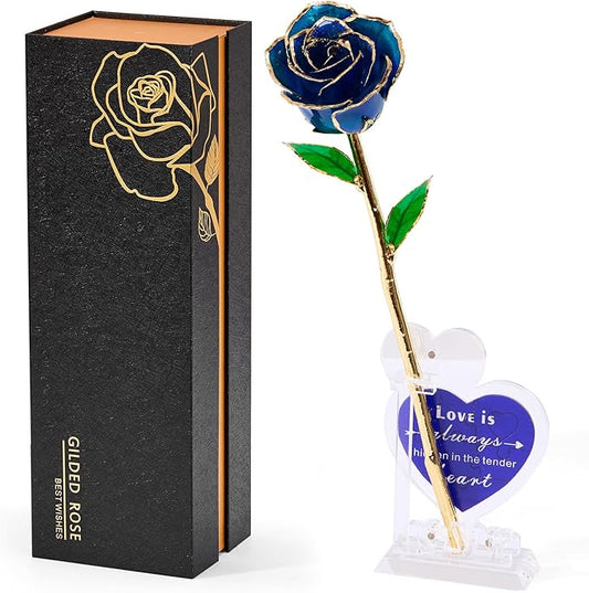 Mikasol Real 24K Gold Dipped Realistic Rose – Timeless Lifelike Bloom with Heart Puzzle Base – Romantic Blue Flower Gift for Her, Wife, Girlfriend, Mom – Birthday, Anniversary, Mother’s Day (Blue)