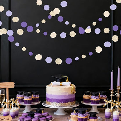 Champagne Gold Purple Cream Nude Polka Dots Garland Lavender Hanging Paper Circle Dot Streamer for Birthday Wedding Engagement Baby Shower Bridal Shower Lilac Violet Theme Party Decorations Supplies
