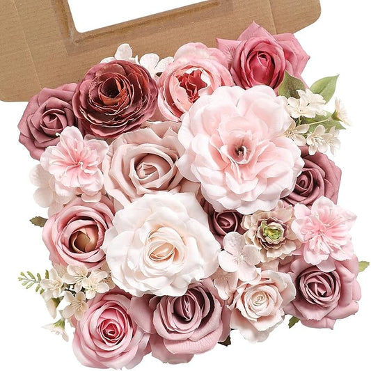 Artificial Flowers Combo Box Nude Pink Flowers Silk Fake Roses Dahlia with Stems for DIY Wedding Bridal Bouquets,Table Centerpieces,Cake Floral Arrangement,Baby Shower,Birthday Home Decor