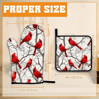 Red Cardinal Oven Mitts and Pot Holders Set,Christmas Winter Kitchen Oven Gloves and Pot Holder with Heat Resistant Non Slip for Cooking Baking Grilling(4 Piece Set)