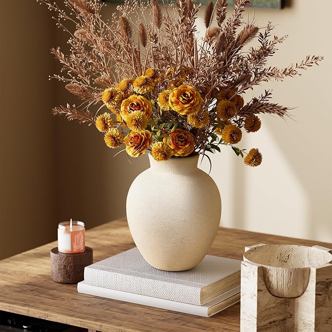 Ceramic Flower Vase, 6 Inch Decorative Rustic Vase Farmhouse Boho Vase for Centerpieces,Terracotta Vases for Home Decor, Living Room,Shelf,Wedding,White