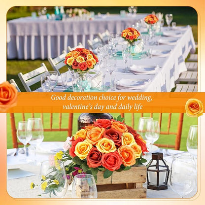 Hotop 40 Pcs Rose Artificial Flowers Bulk with Long Stem,Realistic Silk Fake Roses Bouquet for Home Wedding Centerpieces Party Table Decoration Valentines Gifts(Gradient Orange)