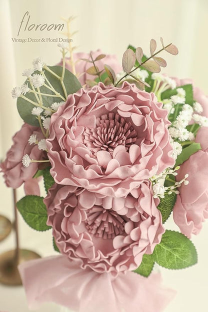 Floroom Artificial Flowers 16pcs 4" Dusty Rose Blooming Peonies Real Looking Foam Fake Peony with Stems for DIY Wedding Bouquets Bridal Shower Centerpieces Floral Arrangements Party Tables Decorations
