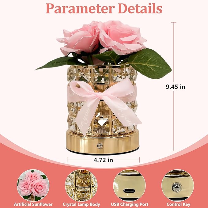 Rose Flower Lamp,Rechargeable Cordless LED Touch Table Lamp,3 Color Infinitely Dimming Bedside Lamps,Small Night Light for Living Room Bedroom Home Decor,Birthday Gifts for Women Mom (Rose)