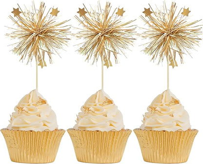 Gyufise 30Pcs Foil Firework Cupcake Toppers Happy Birthday Cake Toppers Sparkle Tinsel Flower Drink Stirrers Cocktail Food Fruit Toothpicks for Valentine's Day Party Supplies Gold