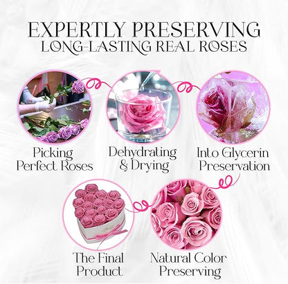 GLAMOUR BOUTIQUE Preserved Roses in a Box - Gifts for Her, Wife & Mom, Rose Flowers Forever Decor for Birthday Gift, Get Well Flower Bouquet Cased in White Box with Cover - Pink - 16-Piece