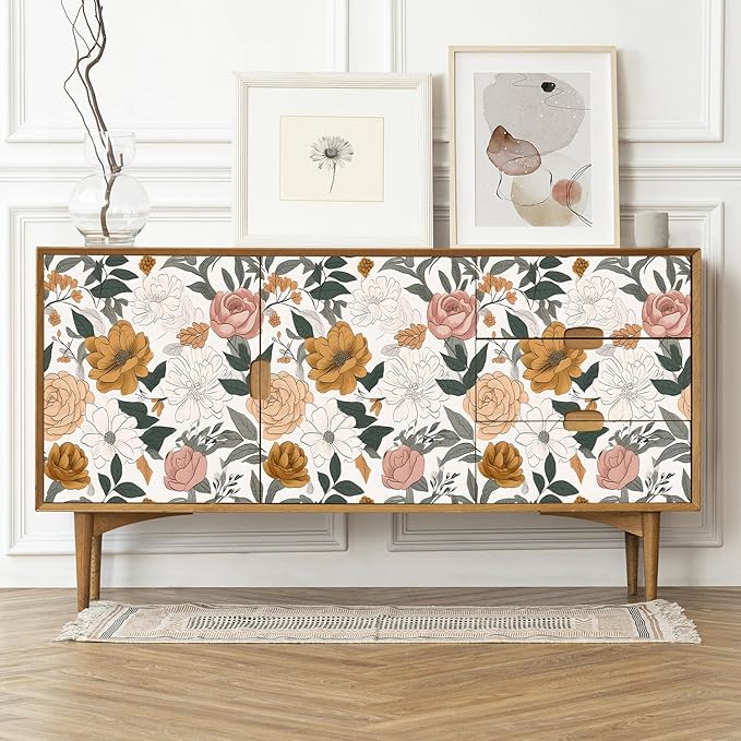 Vintage Peel and Stick Wallpaper,Boho Wall Paper Stick on Bcacksplash,17.3"x118" Contact Wallpapers,Wildflowers Botanical Papers,Removable&Renter Friendly Bright Floral Paper(1 Roll)