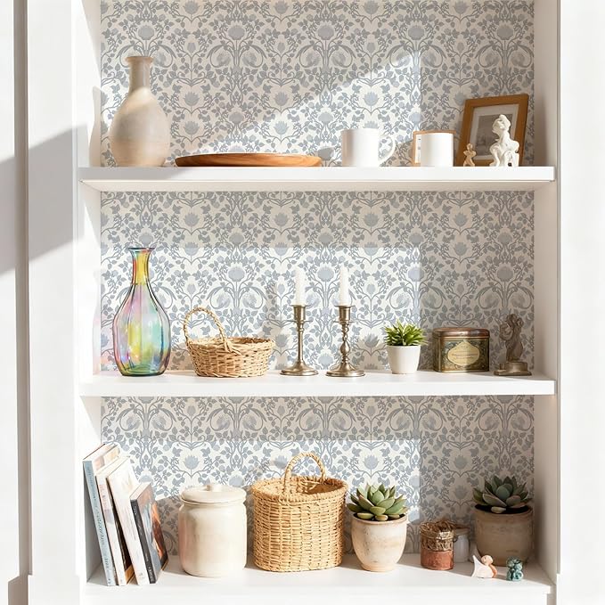 17.3"×78.7" Blue Floral Peel and Stick Wallpaper, Damask Vintage Wallpaper for Bedroom Bathroom Self Adhesive Removable