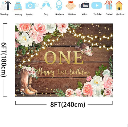 SVBright Cowgirl First Birthday Backdrop 8Wx6H Western Rustic Country Retro Wooden Plank Pink Flower Wood Hat Happy Birthday Baby Shower Decorations Photography Background Banner Photo Booth Studio