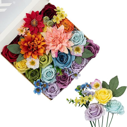 FANKO Artificial Flowers Rainbow Rose, Mixed Combo Fake Silk Flowers Blue & Red Rose Purple Burgundy Roses with Dahlia Assorted Blooms for DIY Wedding Bridal Bouquets/Centerpieces/Home Decor