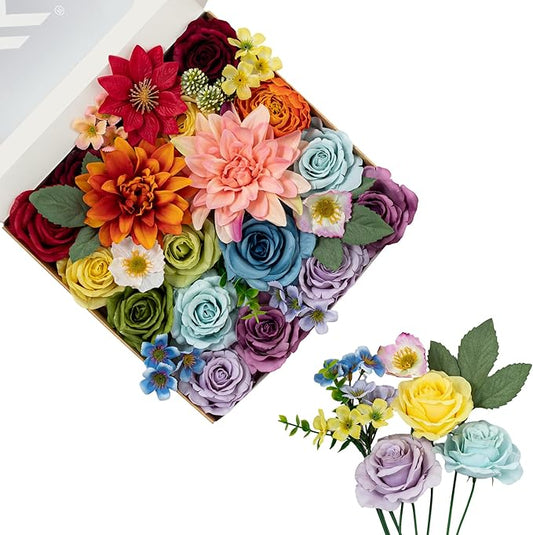 FANKO Artificial Flowers Rainbow Rose, Mixed Combo Fake Silk Flowers Blue & Red Rose Purple Burgundy Roses with Dahlia Assorted Blooms for DIY Wedding Bridal Bouquets/Centerpieces/Home Decor