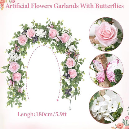 2Pcs 5.9 Ft Artificial Rose Vine Fake Flower Garland Pink Rose Hydrangea Vines with 3D Butterflies Hanging Floral Eucalyptus Garland for Wedding Party Background Arch Table Wall Home Decor