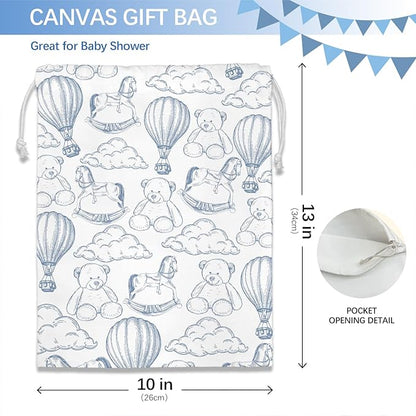 DSHFG Light Blue Chinoiserie Birthday Drawstring Gift Wrap Bags, Cute Chinoiserie Toy Bear Baby Shower Drawstring Gift Bags Canvas, Blue and White Small Happy Birthday Bag, 10x13 Inch