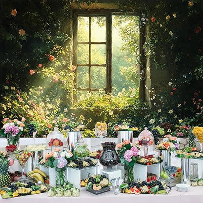 Baocicco 12x8ft Spring Window Photography Backdrops Sunshine Oil Painting Flowers Background Cloth for Marriage Valentines Mothers Day Engagement Party Decoration Photo Props Background Supplies