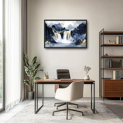 Extra Large Abstract Golden Waterfall Framed Wall Art for Living Room,Oversized Foggy Mountain Pictures Wall Decor,Canvas Print Painting Modern Artwork Bedroom Office Bathroom 36L x 24W