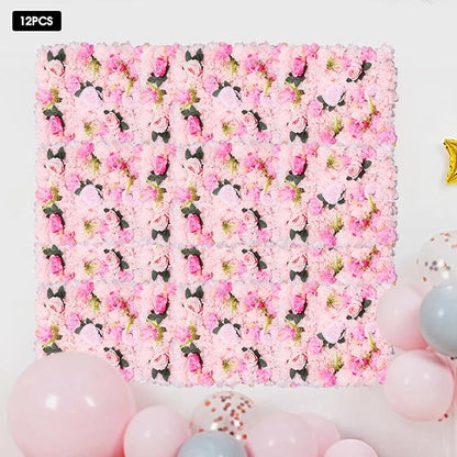 Flower Wall Panel Set,Artificial Wall Flower Backdrop,12 Pcs 23.62 * 15.74in3D Silk Hydrangea Rose Floral Panel,Faux Roses Artificial Flower Backdrop for Wall Decor (12PCS Light Pink)