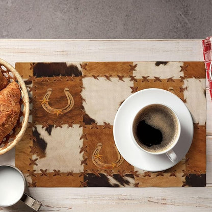 Vintage Cowhide Animal Placemats, Old West Country Cow Animal Fur Patchwork Abstract Horseshoe Print Washable Fabric Placemats Table Kitchen Dining Party 12x18 Inch Set of 4
