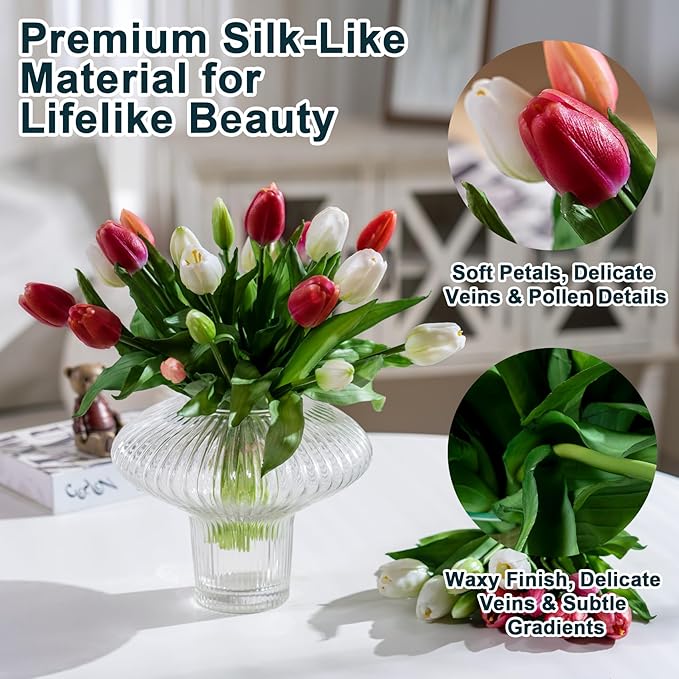 20PCS Fake Tulips Artificial Tulip Silk Flowers Fake PU Bouquet Artificial Flowers Faux Flowers with Gift Box Soft Faux Tulips Bouquets Arrangements for Party Wedding Home
