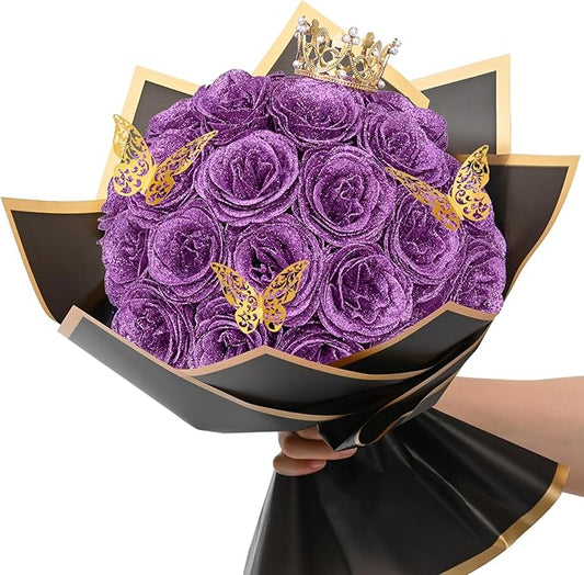 Waipfaru Glitter Roses Bouquet, DIY Lilac Fake Flowers Bouquet, Birthday Gifts for Women Mom, 24 Pcs Rose for Grandma Wife Girlfriend Valentines, Mothers Day, Anniversary, Graduation