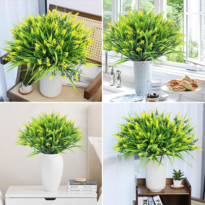 Ouddy Decor 24 Bundles Artificial Flowers for Outdoors, Fake Lavender Flowers Monkey Grass Faux Plastic Plants Shrubs UV Resistant for Porch Garden Window Box Office Home Decorations, Yellow