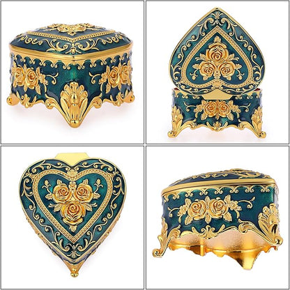 Hipiwe Vintage Metal Jewelry Box - Heart Shape Trinket Box Ring Case with Rose Pattern Jewelry Storage Box for Ring Earrings Necklace, Keepsake Box for Women, Blue