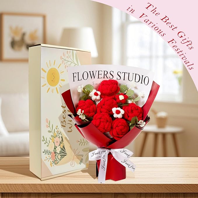 Red Crochet Flowers Bouquet Red Knitted Flower Rose Crochet Bouquet Handmade for Wedding, Anniversary, Christmas, Graduation Crochet Gifts for Women (Includes Card)
