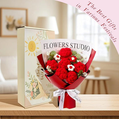 Red Crochet Flowers Bouquet Red Knitted Flower Rose Crochet Bouquet Handmade for Wedding, Anniversary, Christmas, Graduation Crochet Gifts for Women (Includes Card)