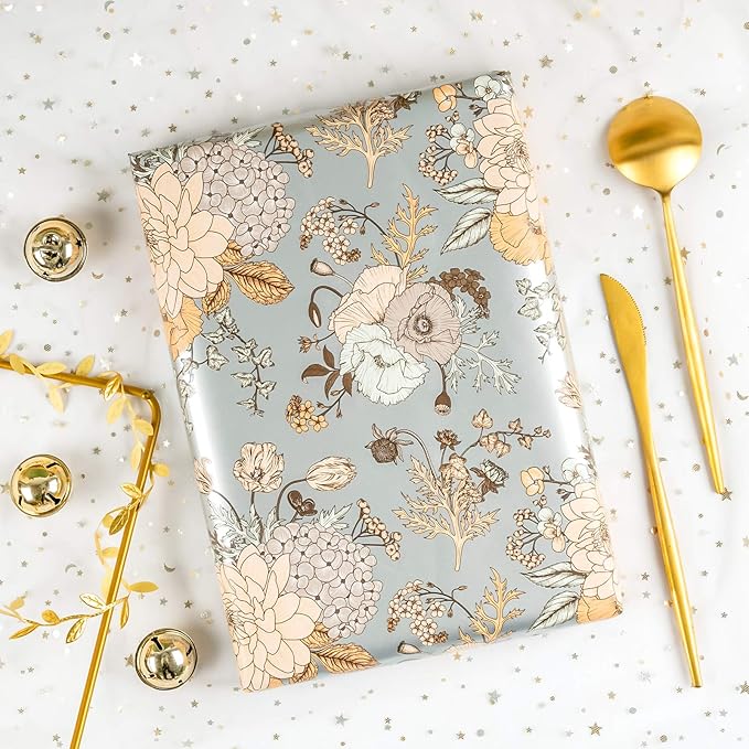 WRAPAHOLIC 30 Inch Floral Wrapping Paper - 30 Inch X 33 Feet - Pearlized Silver Vintage Floral Wedding Wrapping Paper for Birthday, Bridal Shower, Baby Shower