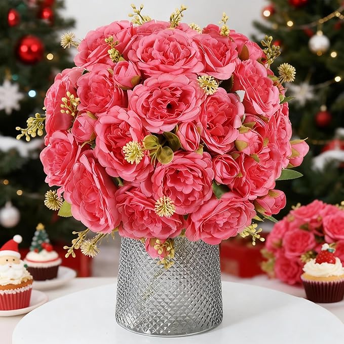 4 Packs Artificial Peonies Silk Flowers: Faux Peony Bouquet 4 Bundles, Fake Peonies Flowers Bulk for Centerpiece Table Wedding Party Home Decor for Vase Decoration (Rose Red)