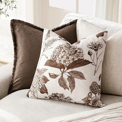 Foindtower Set of 2 Linen Floral Throw Pillow Covers Vintage Accent Print Decorative Cushion Covers Farmhouse Boho Home Decor for Sofa Chair Couch Bedroom Living Room,22×22 Inch,Dark Brown