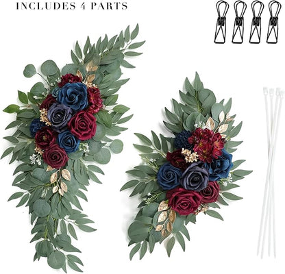 Artificial Navy Blue Wedding Arch Flower Swags Set of 2 for Wedding Welcome Signs Floral and Wedding Reception Ceremony Decorations, Burgundy Wedding Flowers Decor