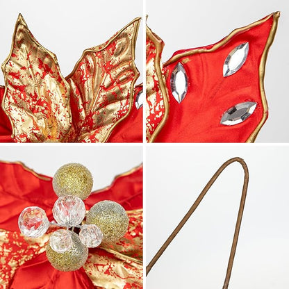 Hollyone 3PCS Poinsettia Christmas Flowers Artificial 11" Large Red and Gold Glitter Poinsettia Flowers Christmas Tree Ornaments Floral Picks for Tree Wreath Garland Vase Table Centerpiece Home Decor