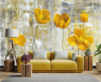 Yellow Oil Painting Flowers Wall Mural Wallpaper for Bedroom 137" x 100"