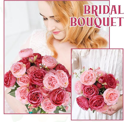 8 Pack Pink, Dark Pink Peonies Artificial Flowers, Fake Silk Hydrangea Bouquet for Bridal Wedding Home Table Decor Reusable Dining Opening Ceremony Birthday Arrangement Faux Floral