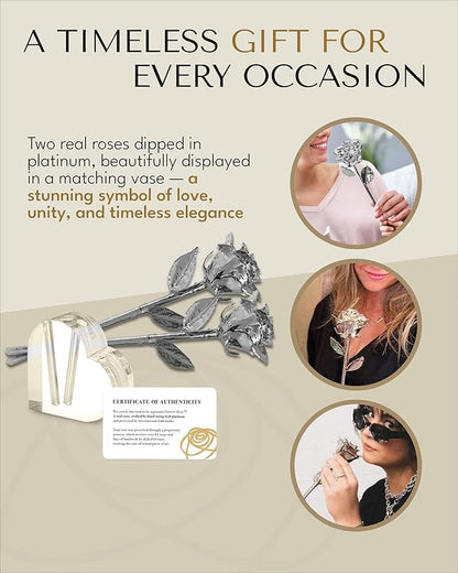 Forever Rose Two Real Roses Dipped in Platinum, Handcrafted Preserved Roses in Acrylic Heart Vase and Luxury Gold Gift Box, Romantic Gift for Her, Elegant Gift for Any Special Occasion