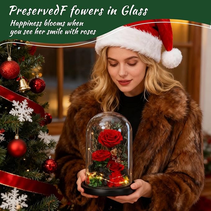 Christmas Real Preserved Flowers with LED, Red Forever Eternal Roses in Glass Dome, Gifts for Her Women Girlfriend for Birthday Anniversary, Home Decor