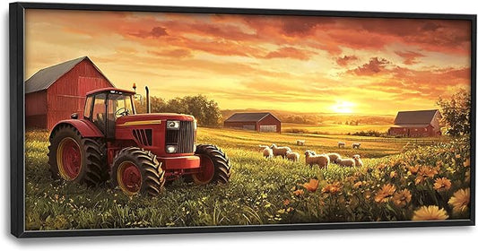 Farmhouse Sunset Large Wall Art Framed Wall Decor for Living Room Rustic Barn Tractor Pictures Oversized Canvas Print Painting Modern Extra Large Framed Artwork for Bedroom Office 60"x30"